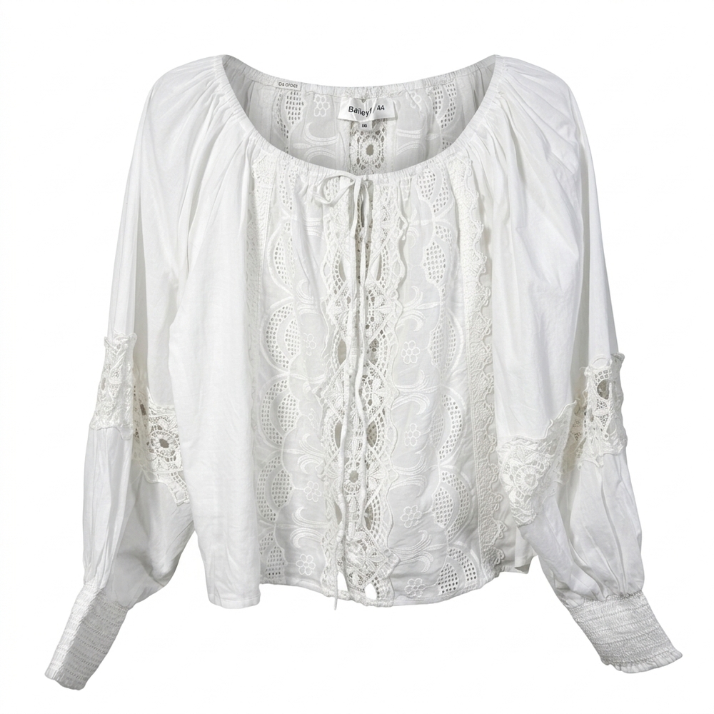 Bailey 44 white cotton blouse with lace inset front panel, tie neckline, long sl
